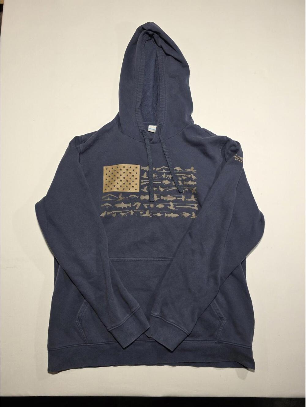 Columbia PHG Blue Pullover Hoodie L Game Flag II Hunting Fishing Outdoor HM4181